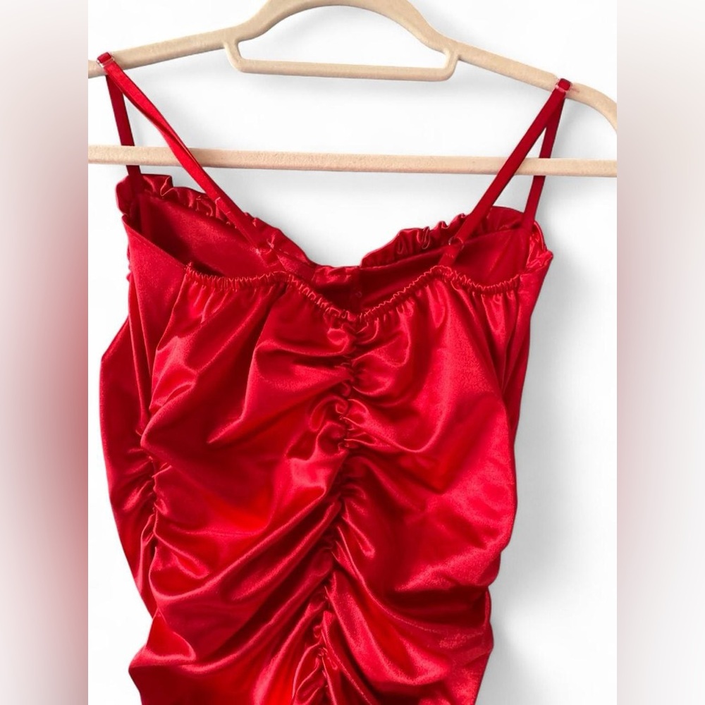 Red Ruched Satin Dress - Picture 5 of 6